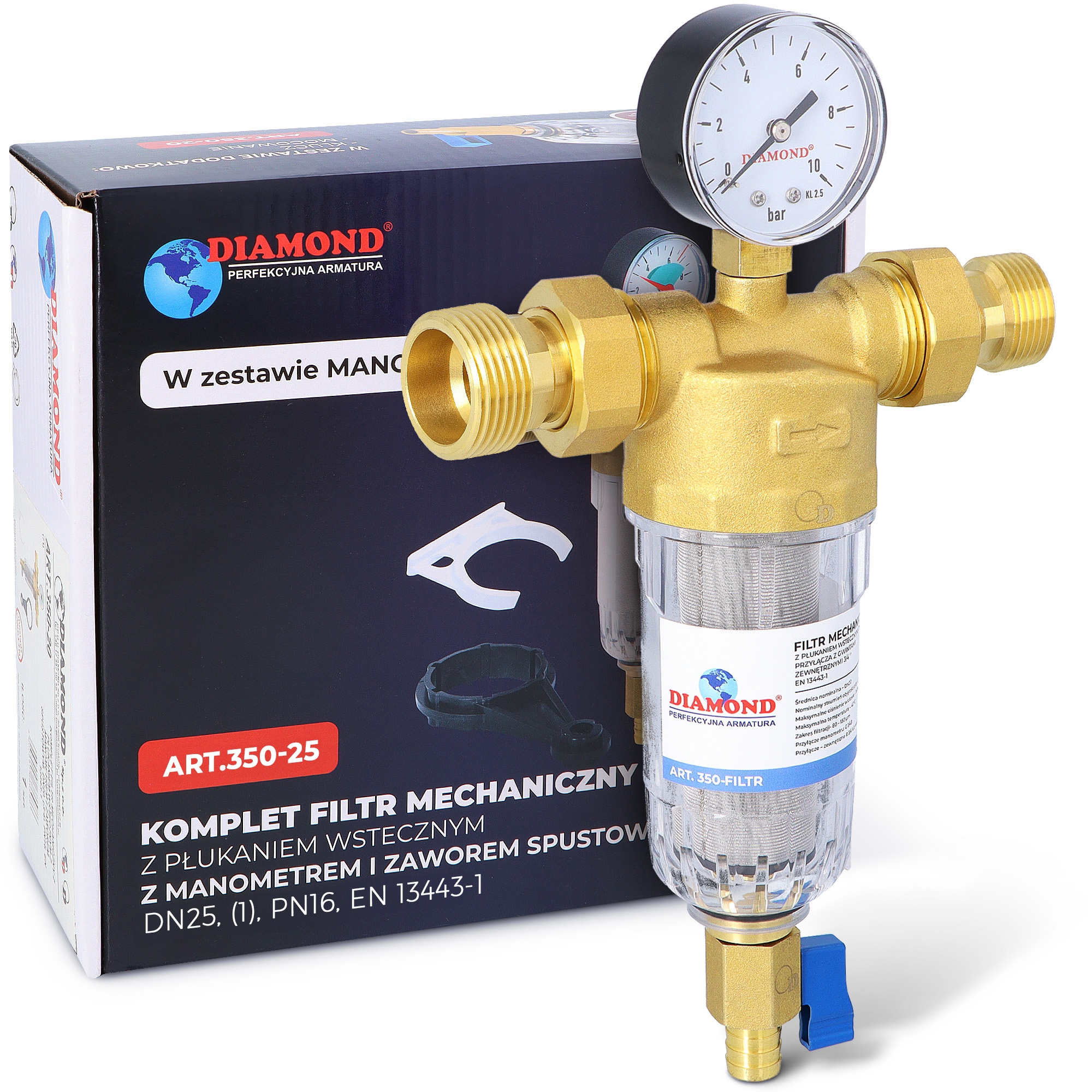 Filter vody DN25 1'' Samočistiaci Manometrom Vypúšťací Ventil Oplachovaním A9-P
