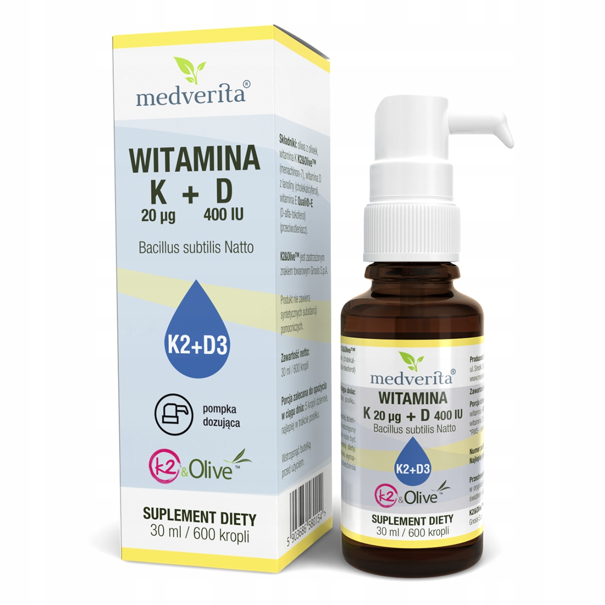 Witamina K2 MK-7 20ug NATTO + D3 400IU krople 30ml