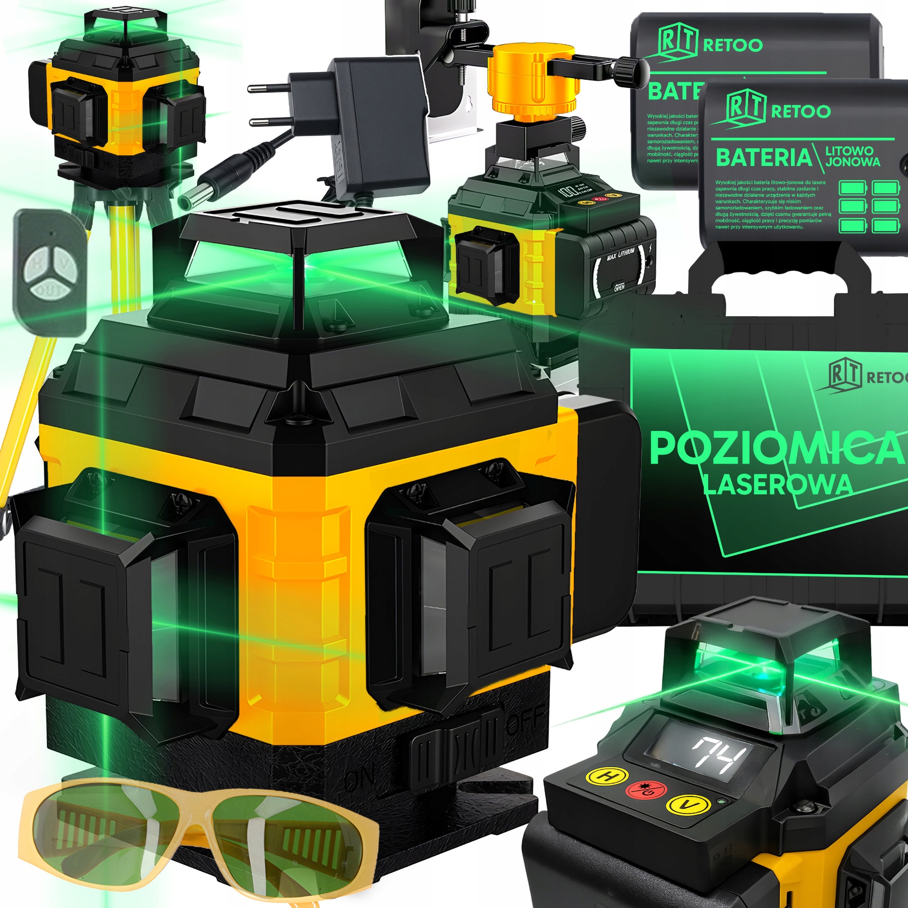 Laserová Vodováha Křížová Vodováha 4D 16 Laserových Linií 2X Aku Stativ XL