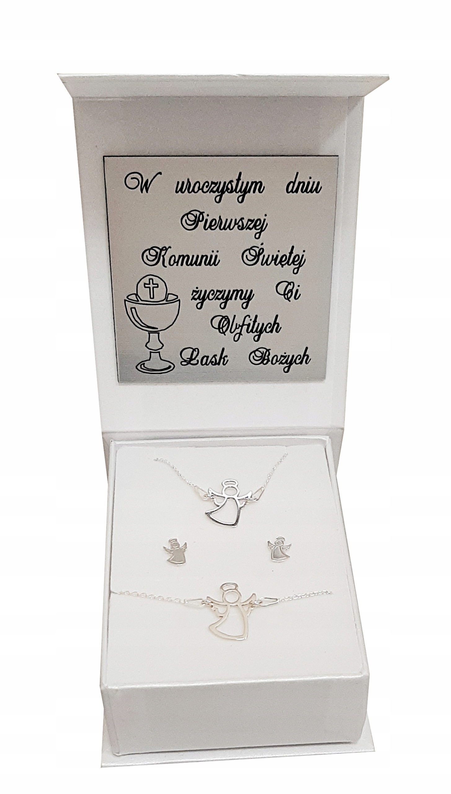 

Srebrny komplet Aniołek Anioł komunia Grawer 925