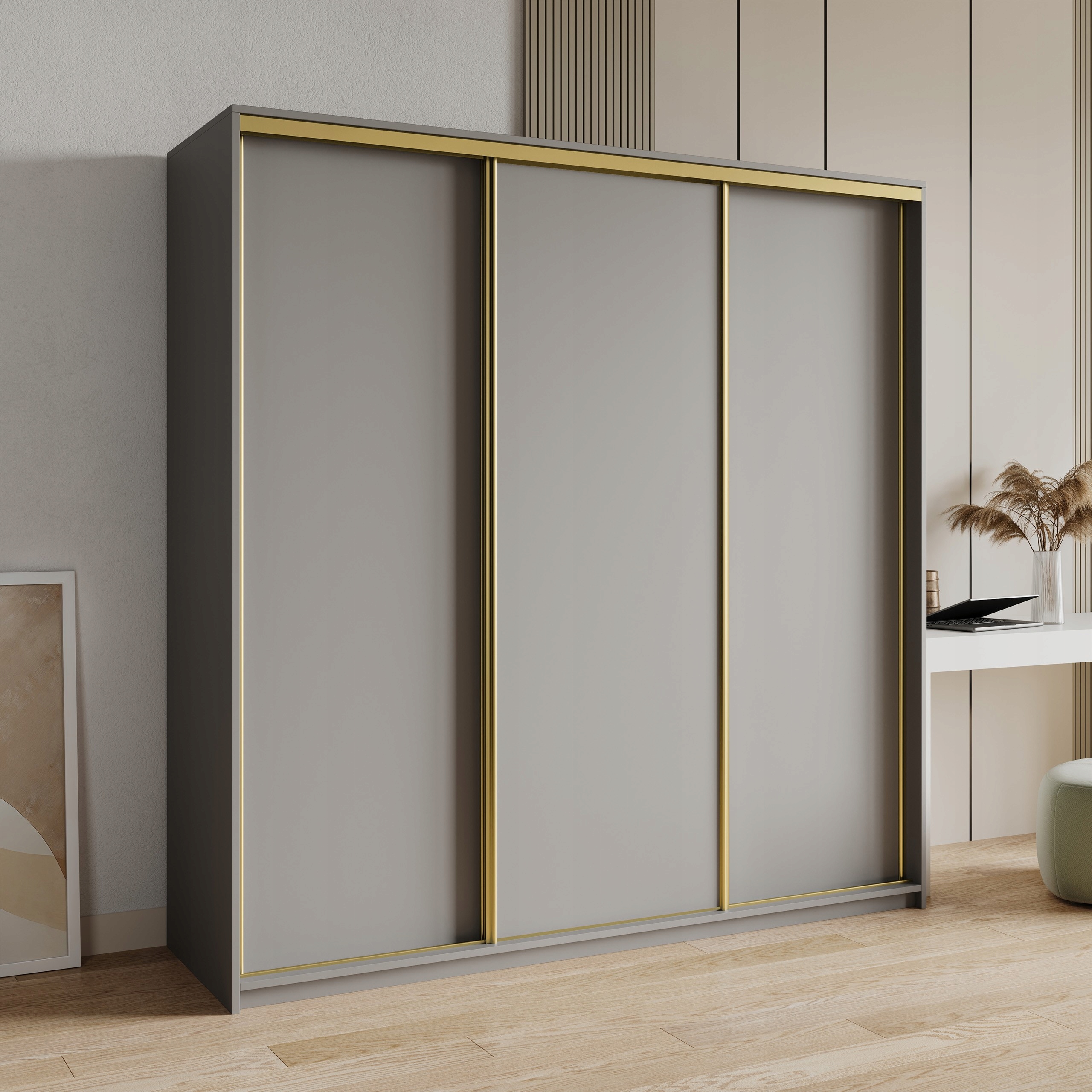 Skříň 180 cm se zásuvkami, třídveřová, světlá Grafit zlatá