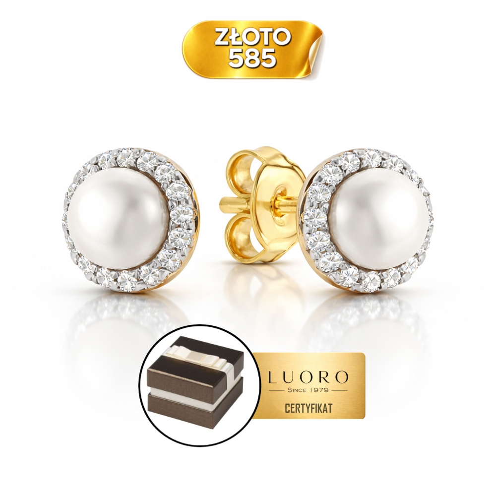 Náušnice Zlaté 585 14K Perla Zirkony Tyčinka 7,4 MM Elegantní