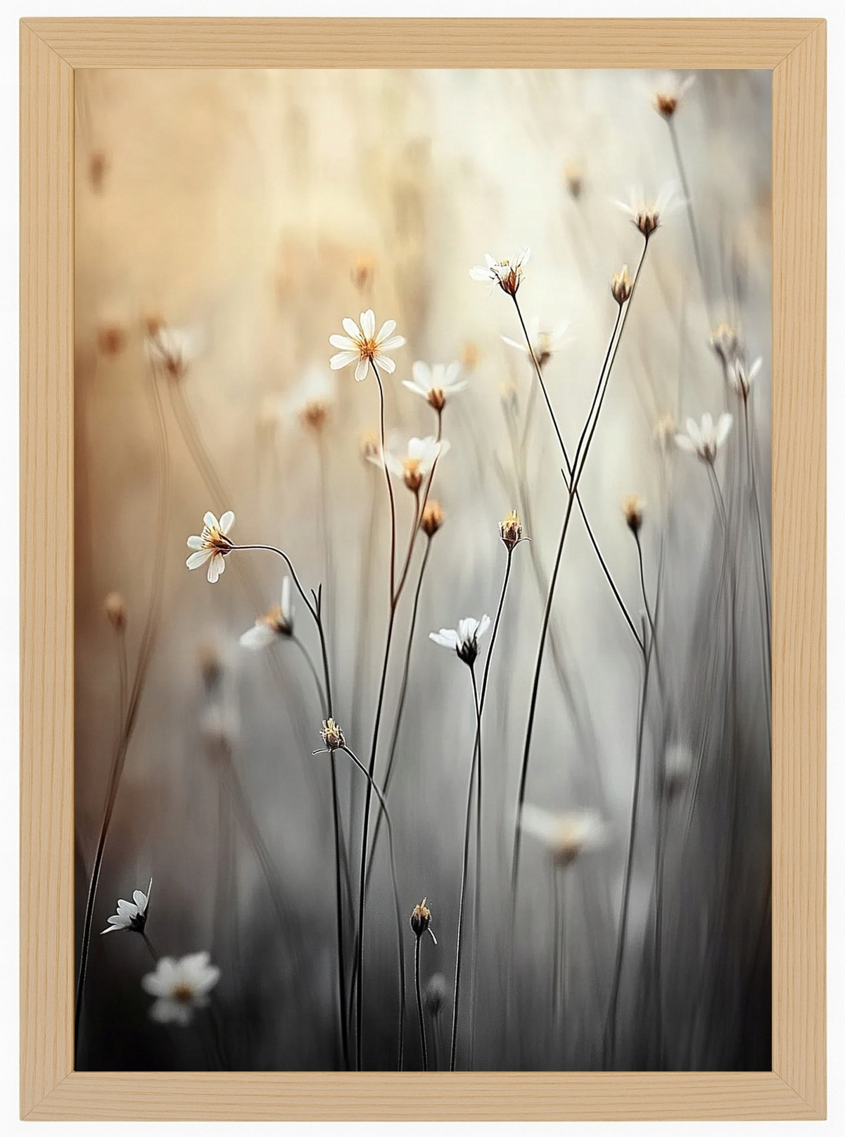 Plakát Rámeček Dřevo Ráno Louka Květiny Sedmikrásky Heřmánek Bokeh 70x100