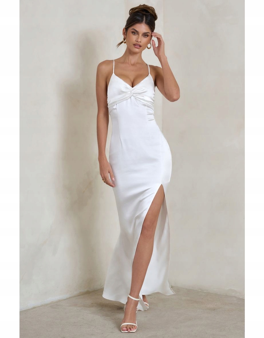 Club L Bílá Saténová Šaty Maxi Rozstřih (40)
