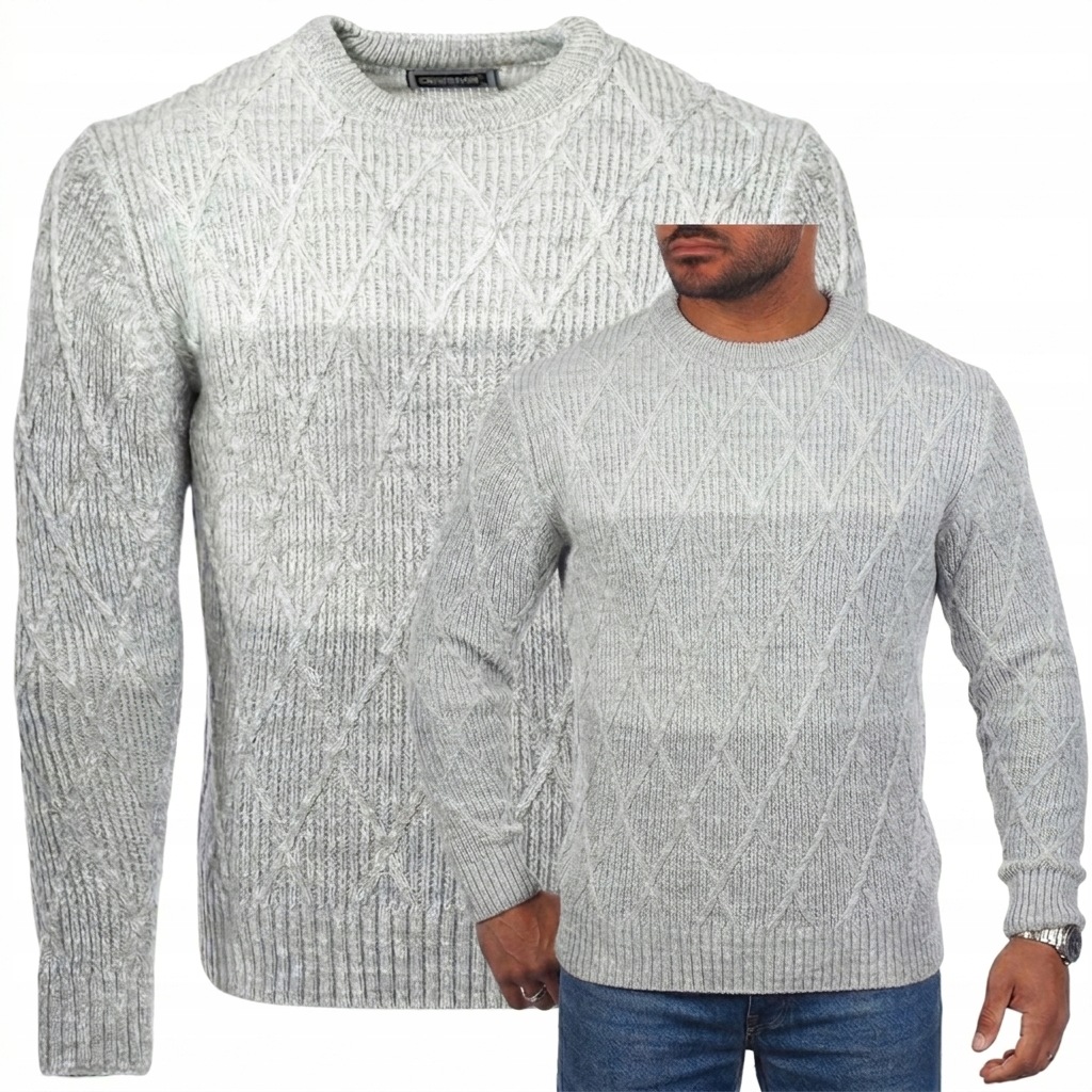 Pánský svetr Elegantní Tlustý Teplý Romby Ombre Šedý Dárek Casual XL