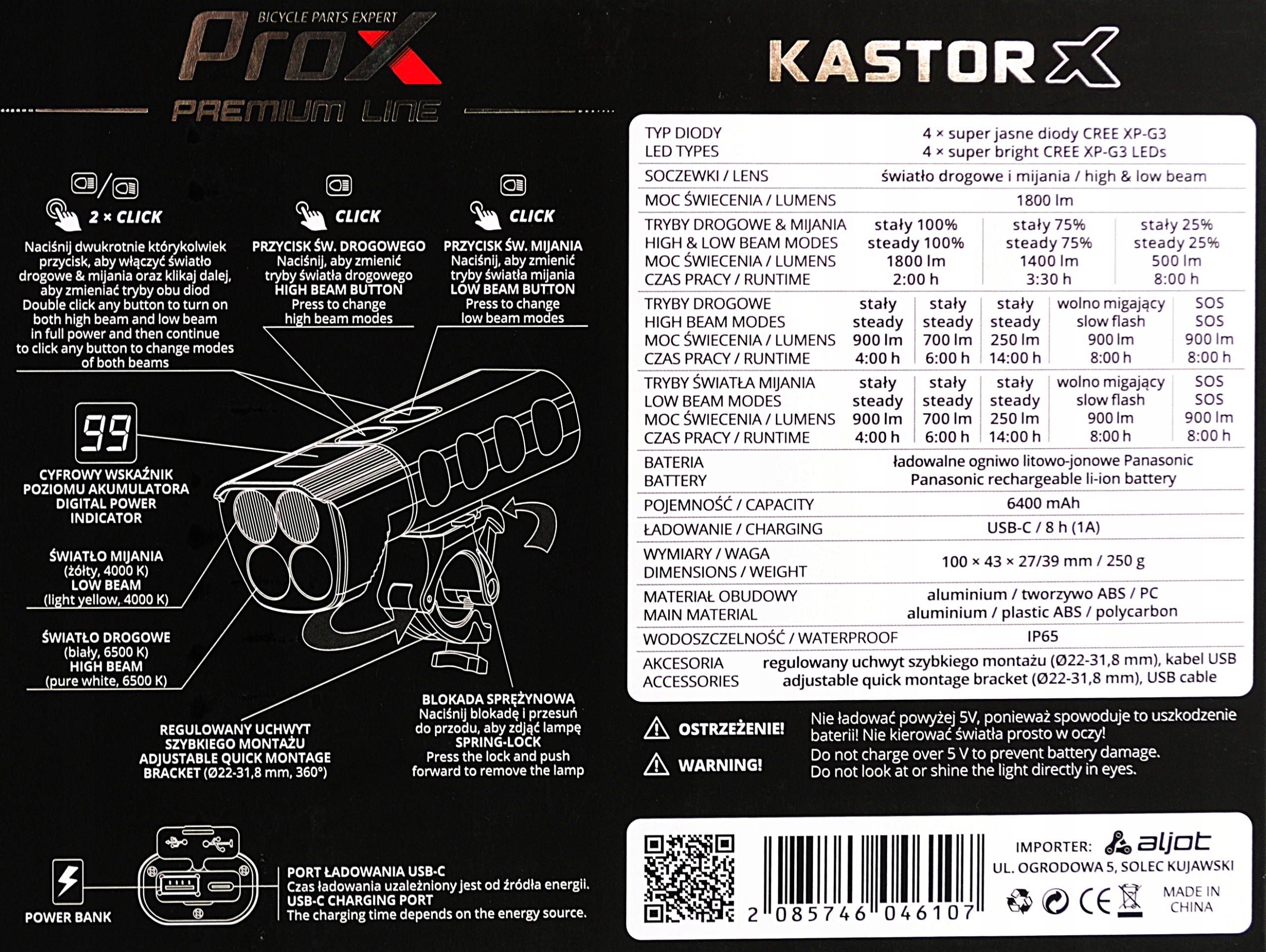 LAMPKA PROX KASTOR X 1800LM POWERBNK 6400mAh USB-C Model kastor X