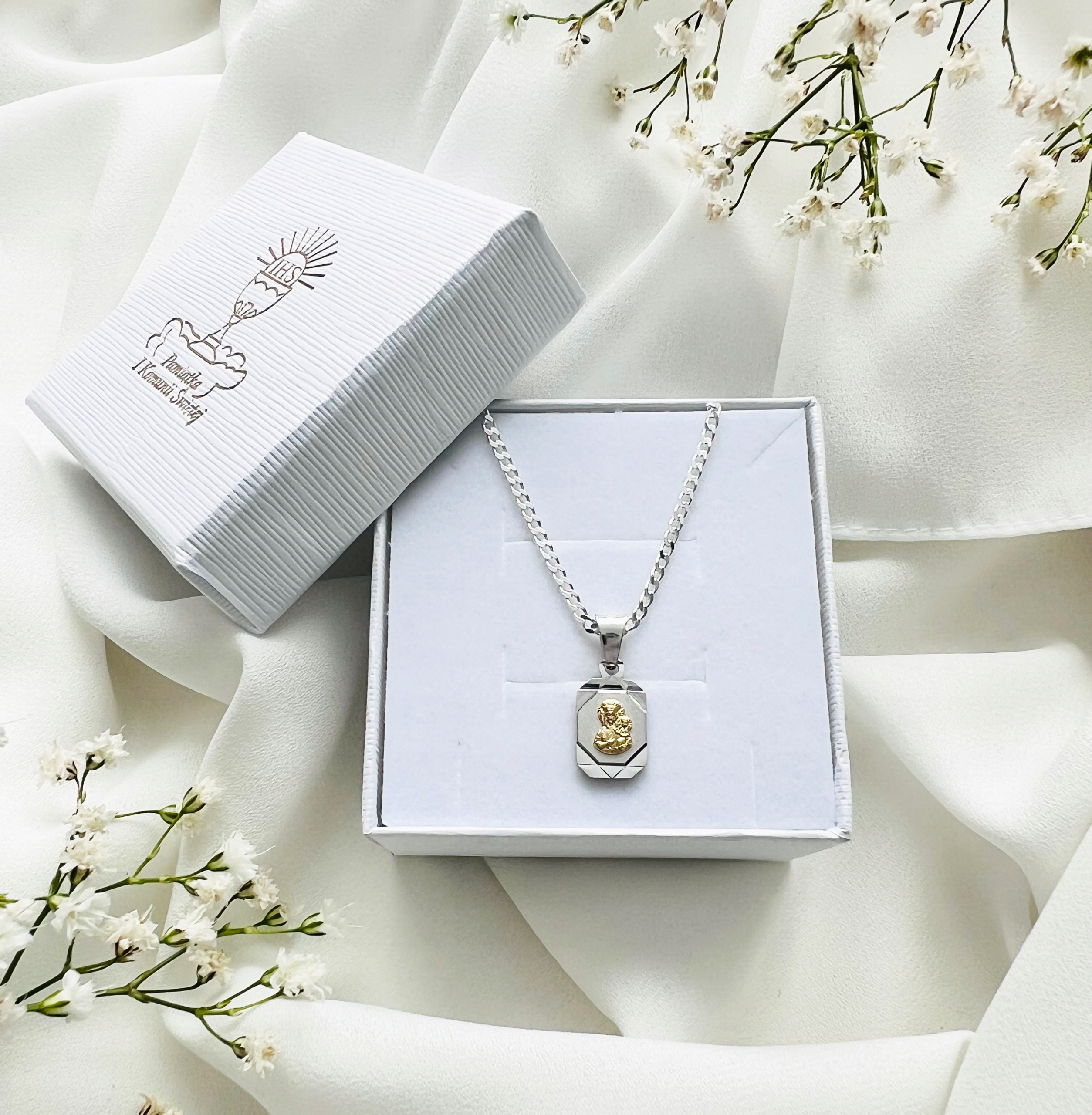 SREBRNY ZESTAW ŁAŃCUSZEK PANCERKA I MEDALIK KOMUNIJNY CHRZEST MATKA BOSKA Marka Abrasar