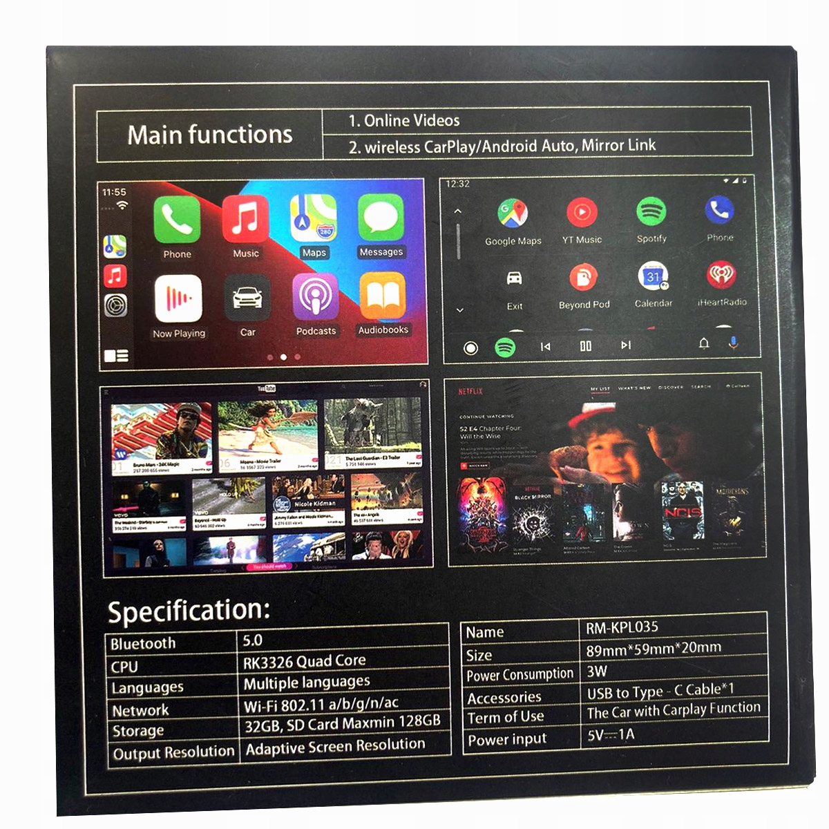 Android Auto Adapter KPL BOX CARPLAY ADAPTER ANDROID AUTO APPLE Rodzaj moduł bluetooth