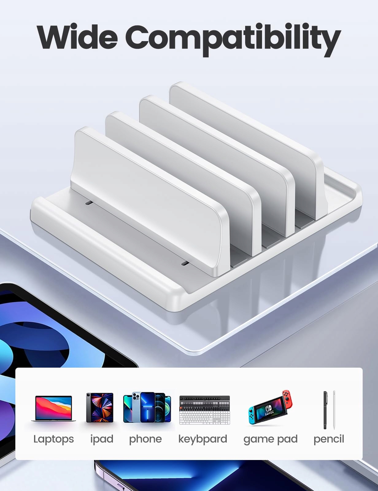 VAYDEER Stojak Na Laptop 3 Sloty ABS Regulowany Organizer Biurkowy Biały — miniatura 5