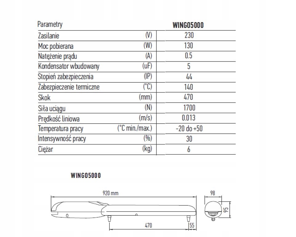 Nice siłownik pojedyńczy Wingo 5000, WG5000 Maksymalna długość skrzydła 3.5 m