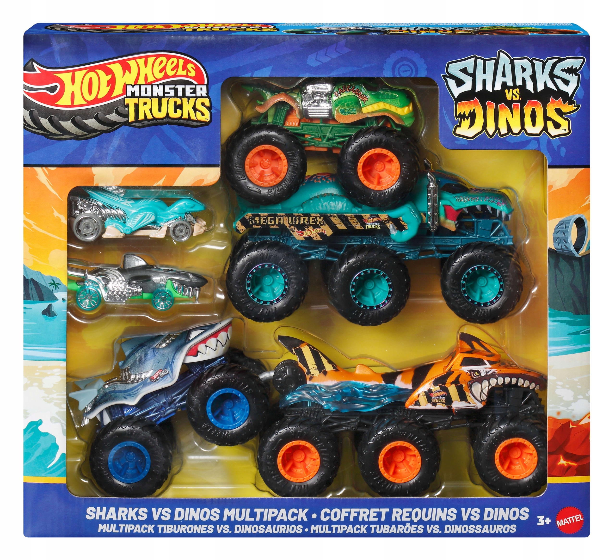 Hot Wheels Monster Trucks Rekiny vs Dinozaury 6-kołowe ciężarówki JGD68