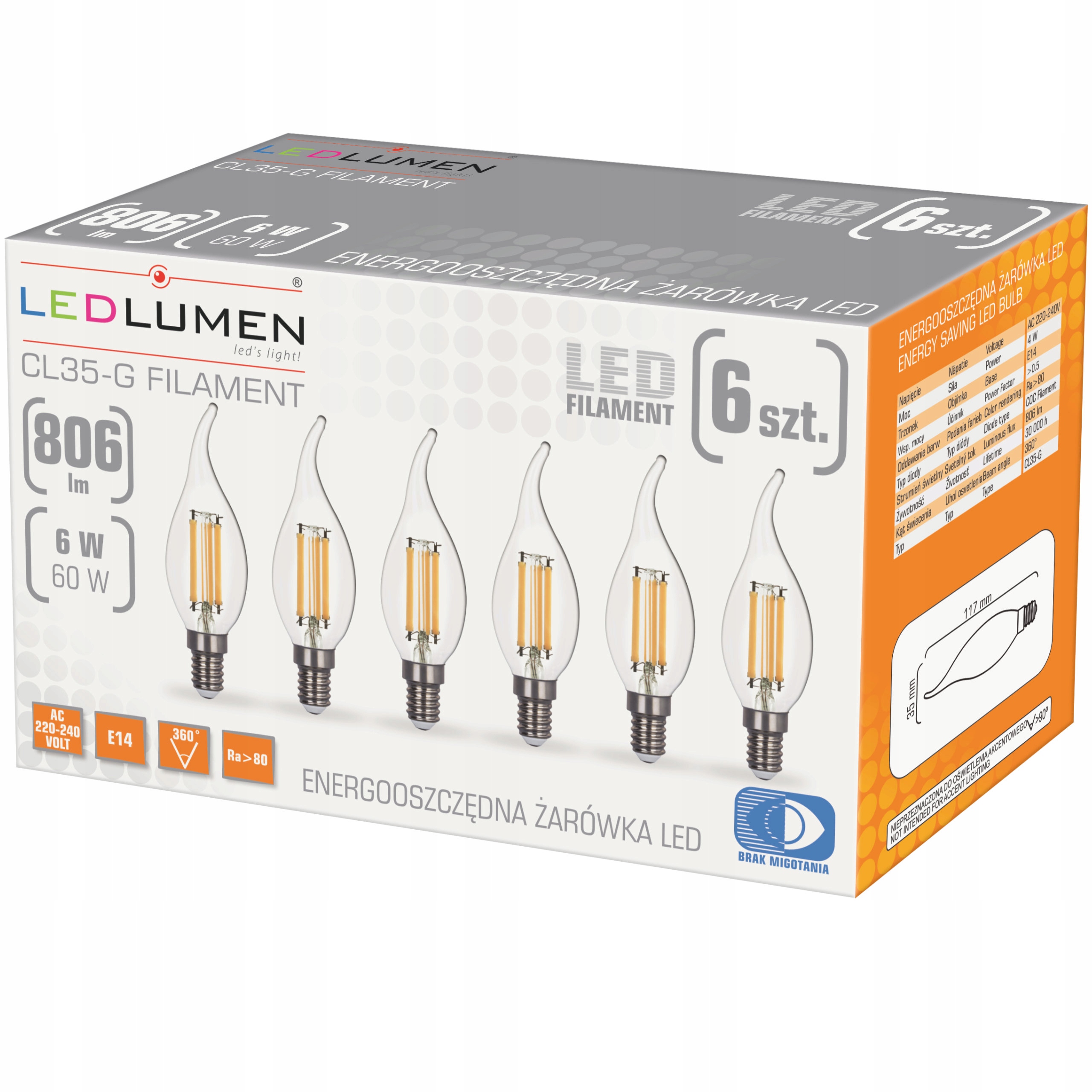 

Zestaw 6x Żarówka Świeczka Led E14 6W=60W Filament