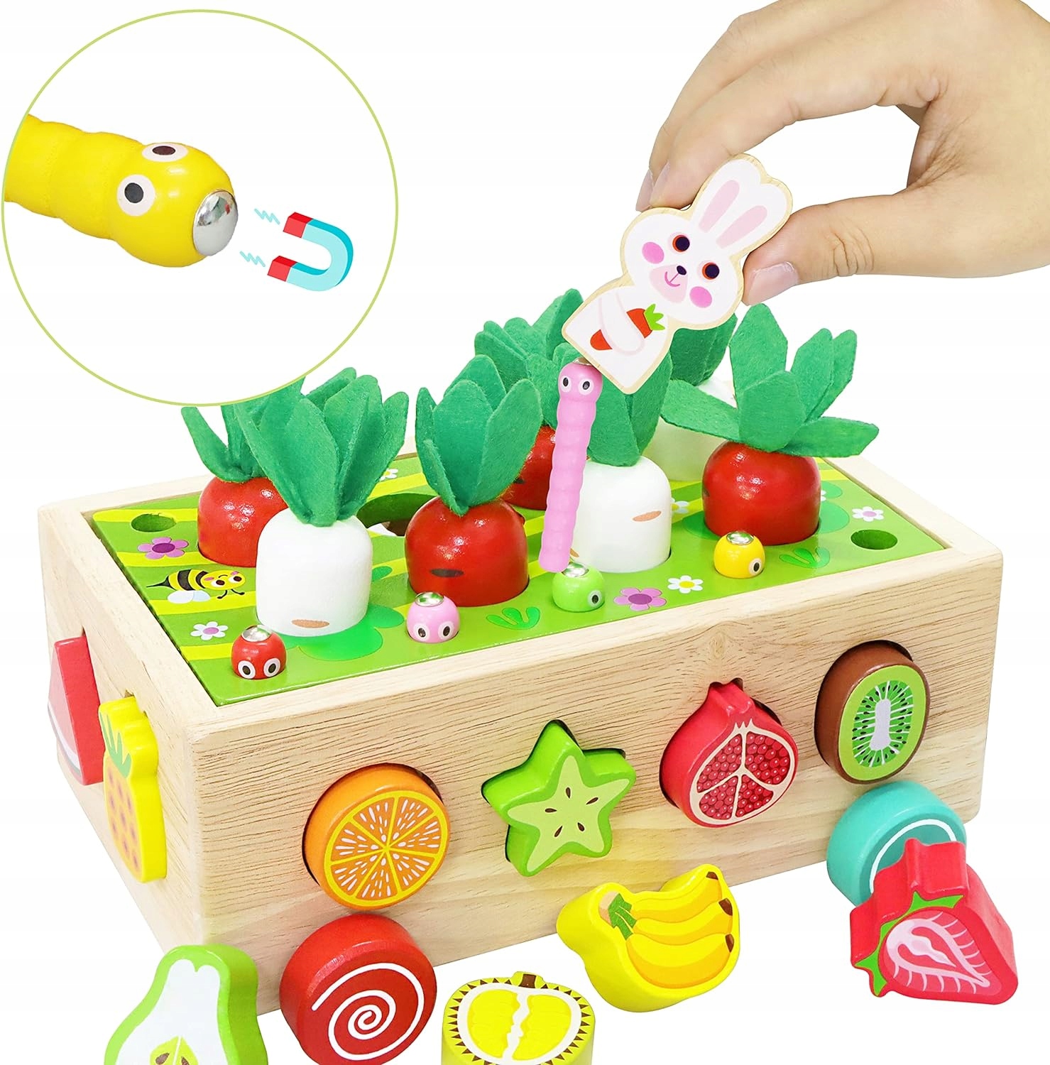 Układanka Montessori Sorter Klocków Złap Robaczka Drewniany Wózek Marchewki Płeć chłopcy dziewczynki unisex