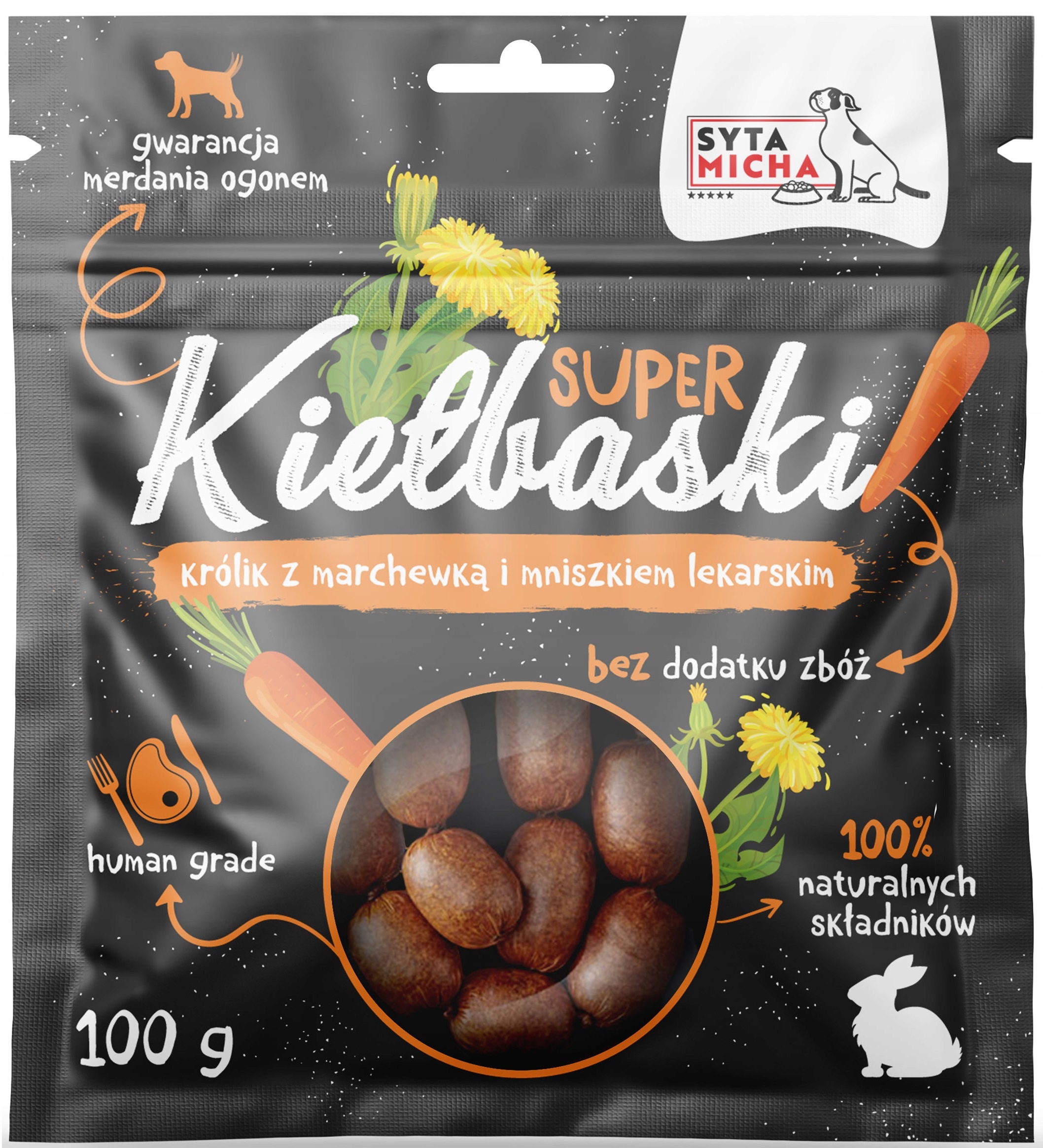SYTA MICHA Kiełbaski z Królikiem i Marchewką 100g Smakowity Przysmak psa