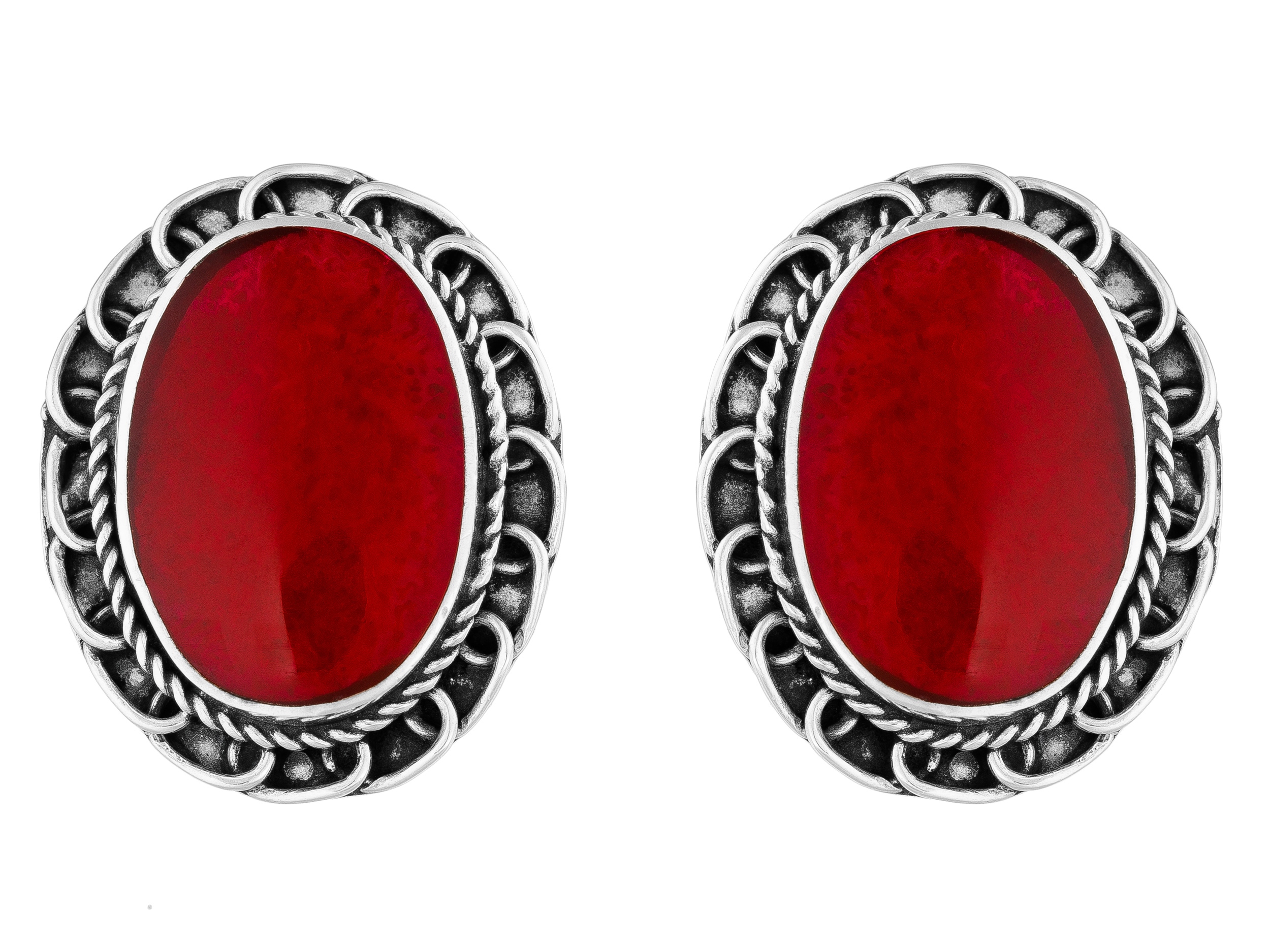 Stříbrné Náušnice Puzetky Červené Oválné s Korálem Oxidované Puzetka 925