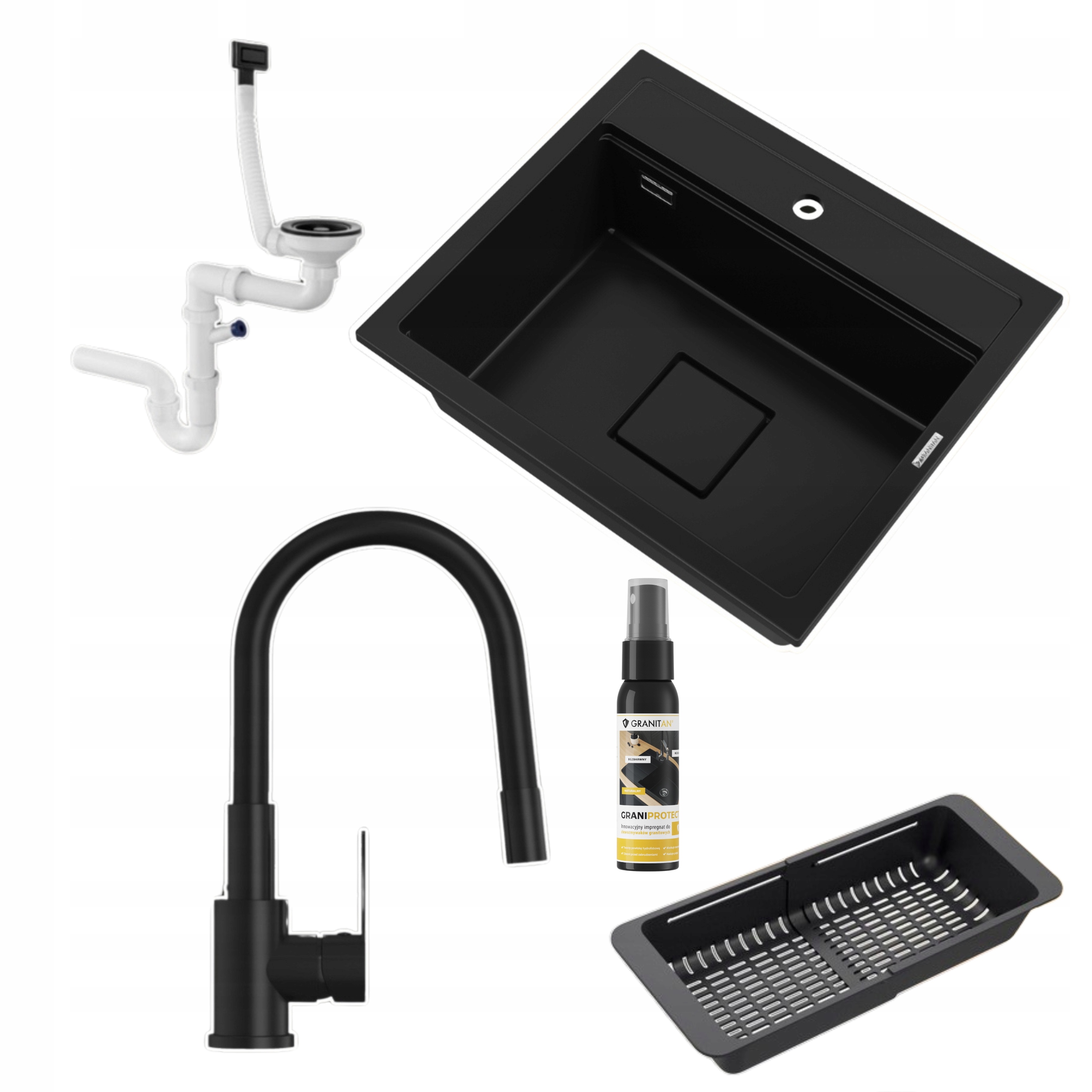 Kuchynský granitový drez Stone L jednokomorový Set batéria sifón košík