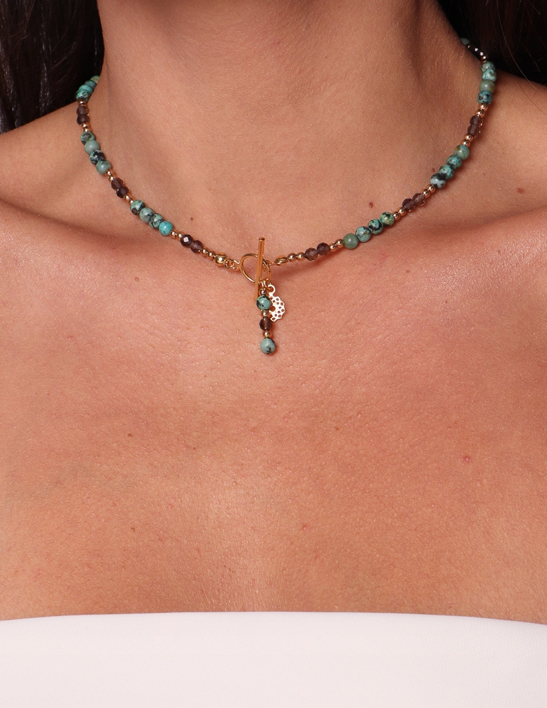 Africký tyrkysový náhrdelník, hematit a kouřový křemen, toggle s přívěskem