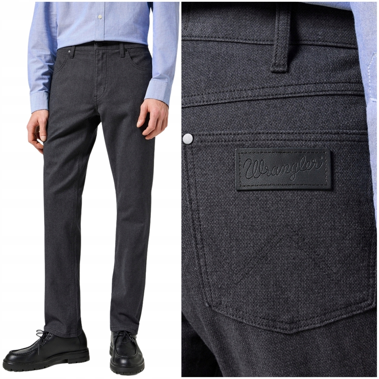 Wrangler Greensboro Charcoal jednoduché grafitové látkové kalhoty W32 L32