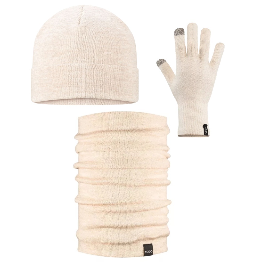 Sada Merino: čepice, nákrčník, rukavice Rider – teplé, měkké – S Ecru