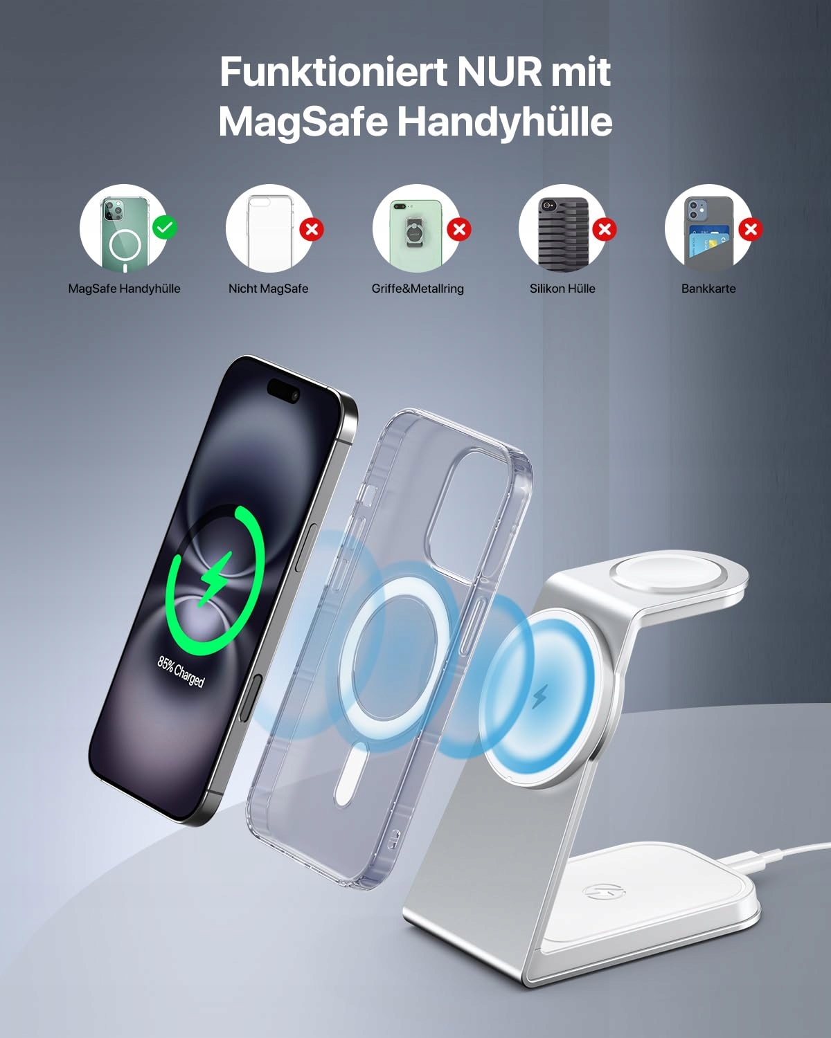 MAGSAFE Bezprzewodowa Stacja Ładowania 3W1 Dla Apple Watch i iPhone AirPods — miniatura 7