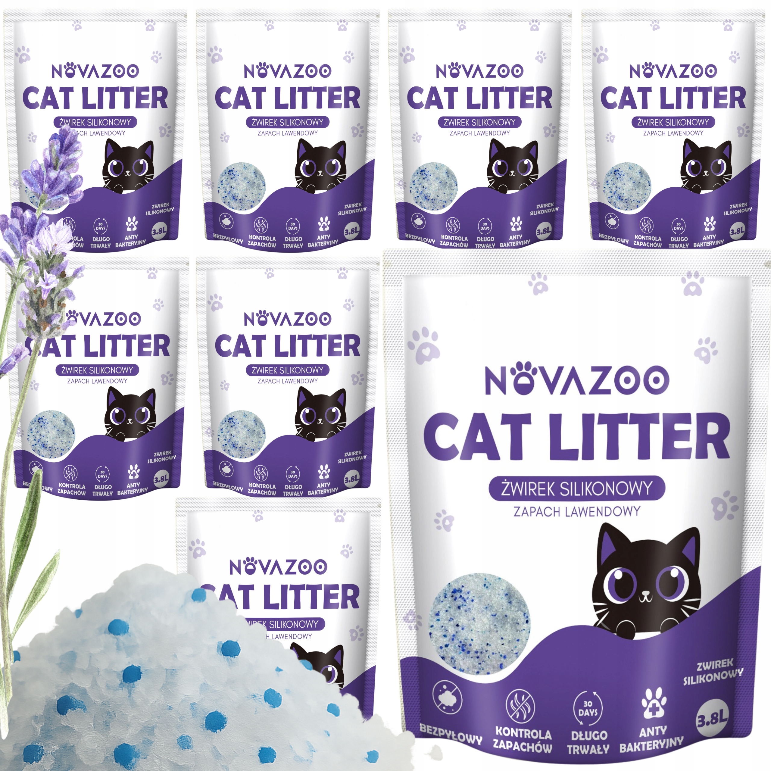 Levně 8 x Silikonové Stelivo Levandulový Bezprašný Premium Pro Kočky Novazoo 3.8L