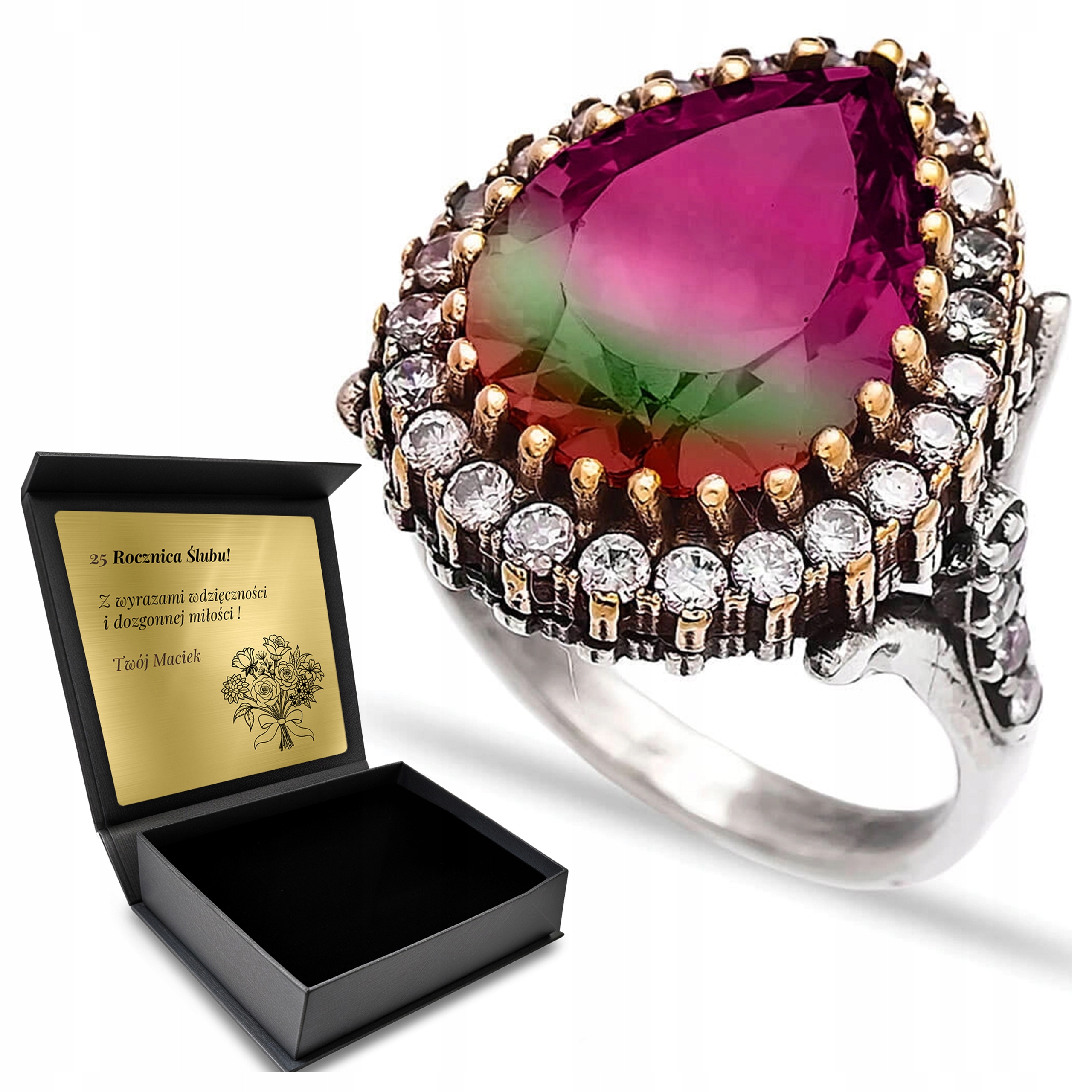 Prstýnek 925 Zirkony Turmalín Dárek na Valentýna Gravírování