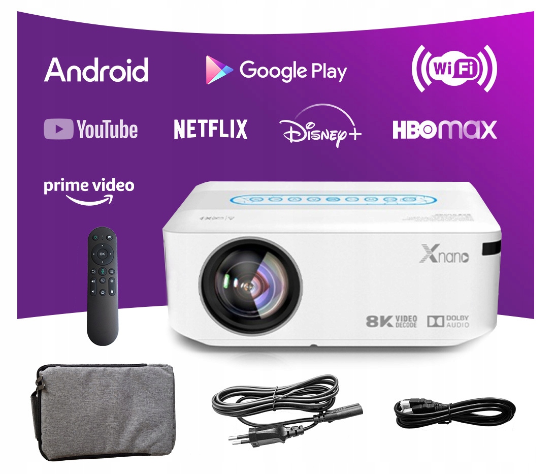 PROJEKTOR RZUTNIK X1 FULL HD LED 4k 1080p 12000lm Wi-Fi ANDROID HDMI BIAŁY