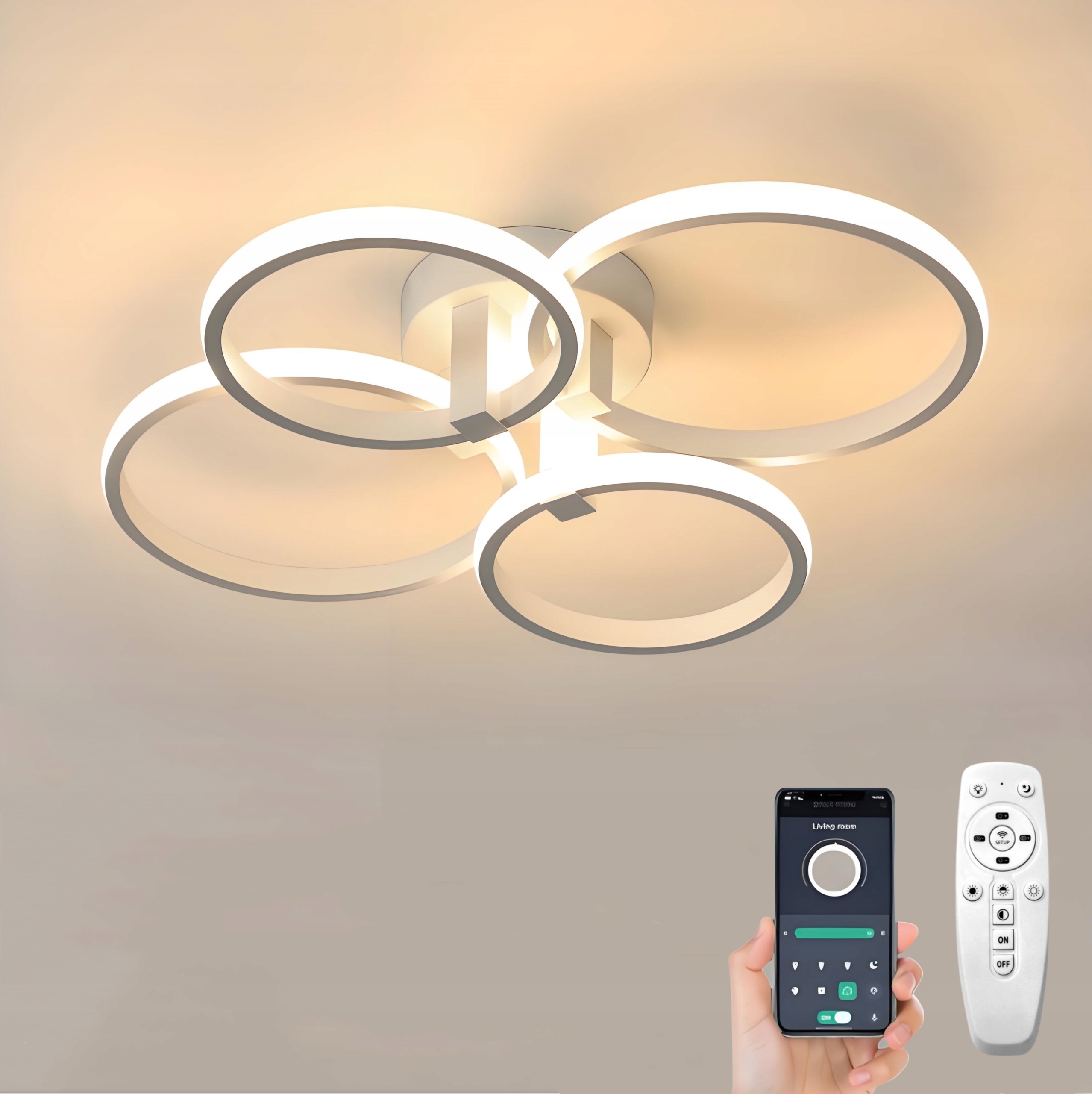 LAMPA SUFITOWA LED BIAŁY ŻYRANDOL RING NOWOCZESNA SALONU SYPIALNI PILOT APP