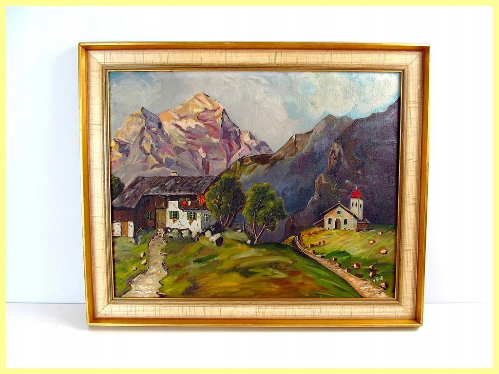 АНТИЧНАЯ КАРТИНА МАСЛОМ НА ХОЛСТЕ ГОРНАЯ ХИЖИНА