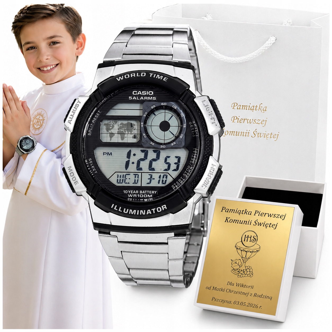 ELEGANCKI ZEGAREK CASIO PREZENT NA KOMUNIĘ CHRZEST DLA CHŁOPCA + GRAWER