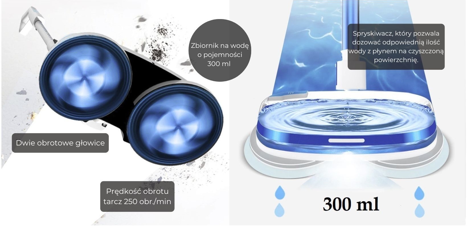 BEZPRZEWODOWY Obrotowy Mop do Mycia Podłóg ELEKTRYCZNY LED + ZBIORNIK WODY Model PowerGlide