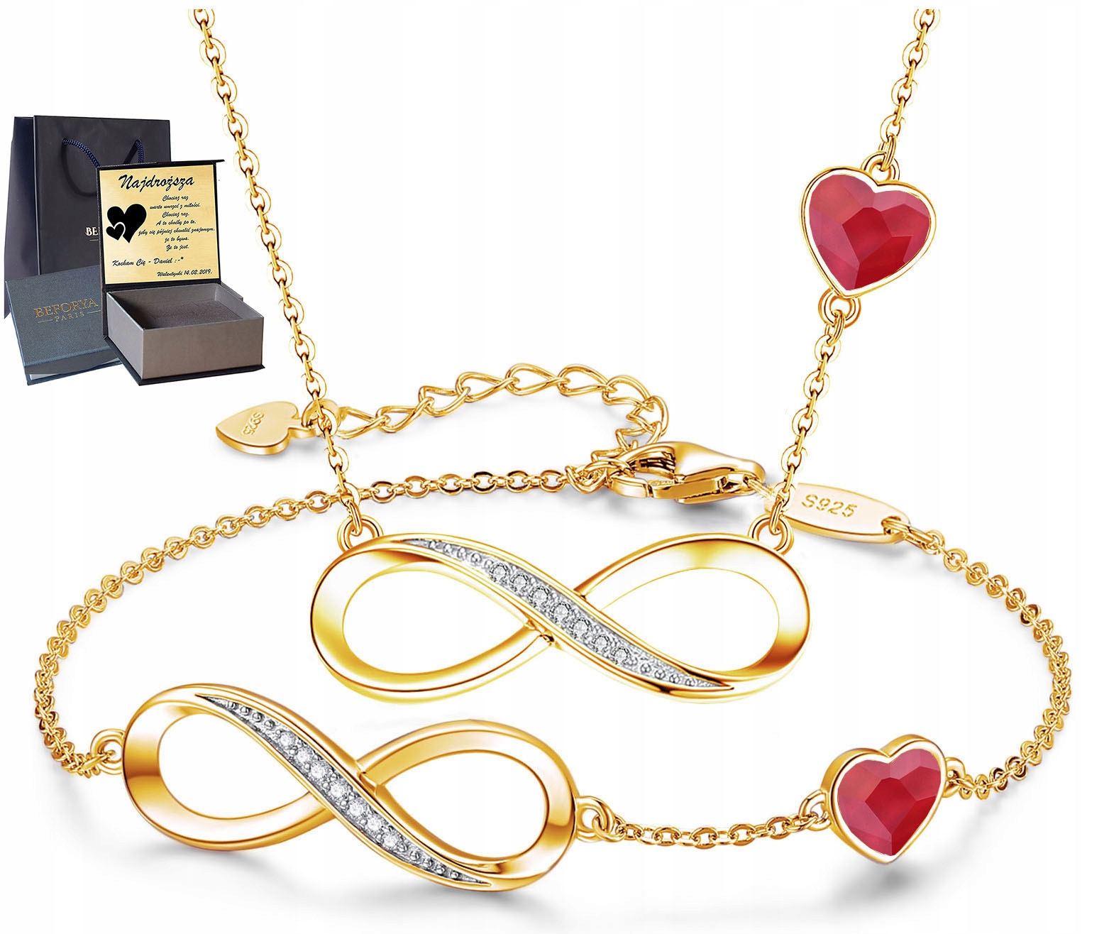 Zlatá Sada stříbrných šperků 925 Gravírování Sada na dárek srdíčky