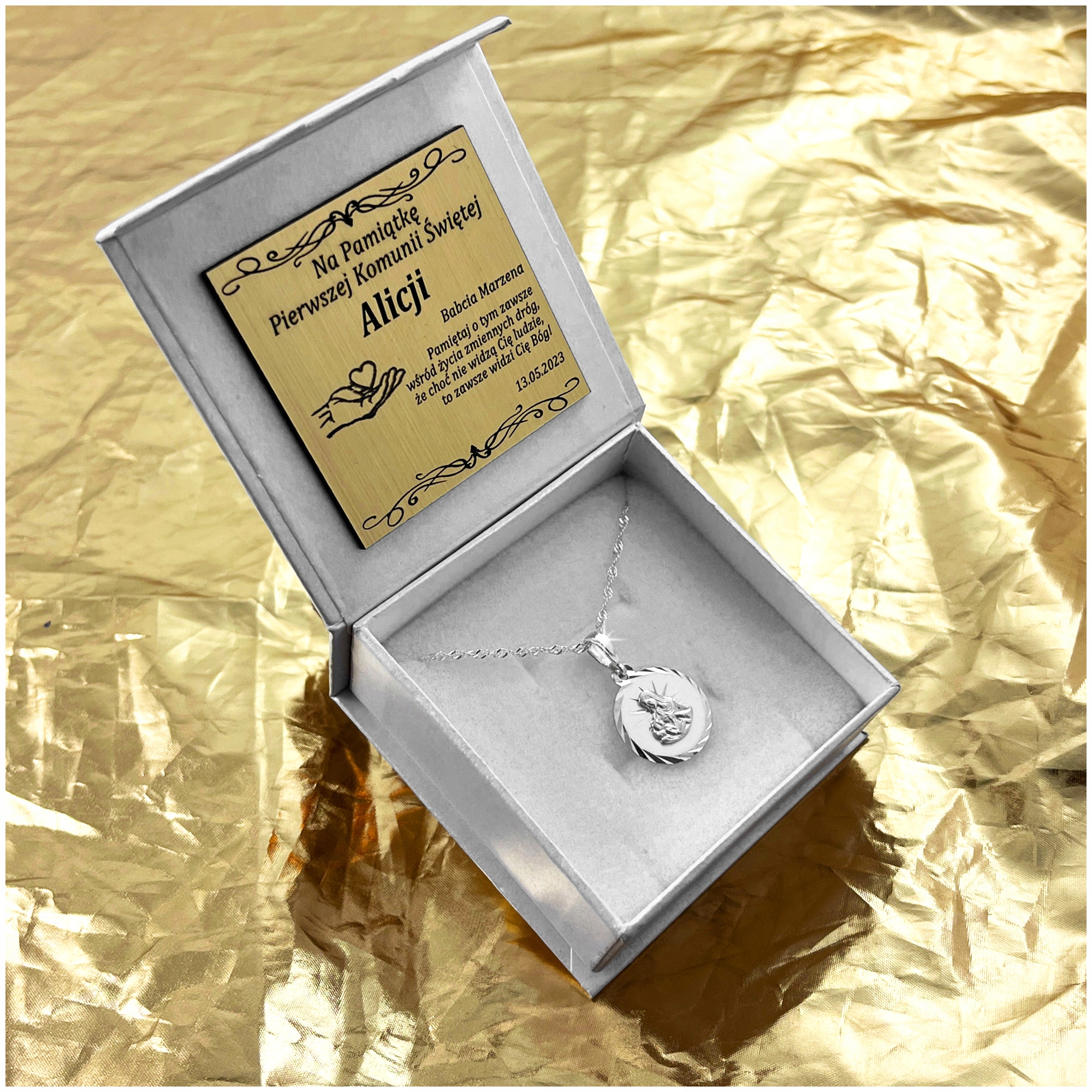 SREBRNY ŁAŃCUSZEK SINGAPUR + MEDALIK 925 MATKA BOSKA KARMIĄCA + GRAWER 35CM Kolor srebrny