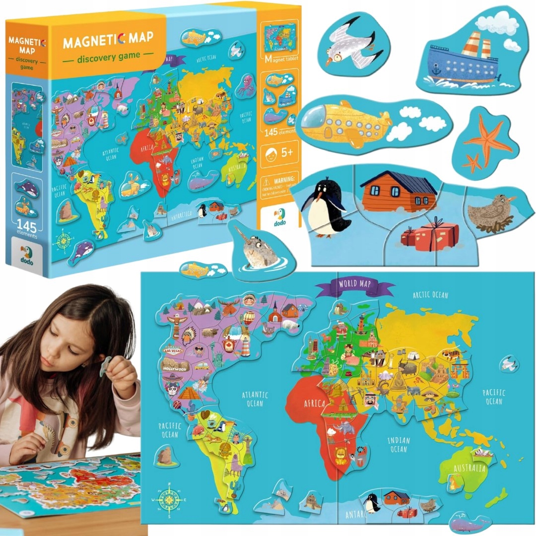ZESTAW MAGNESÓW MAGNETYCZNA "MAPA ŚWIATA" 145 ELEMENTÓW Z PLANSZ