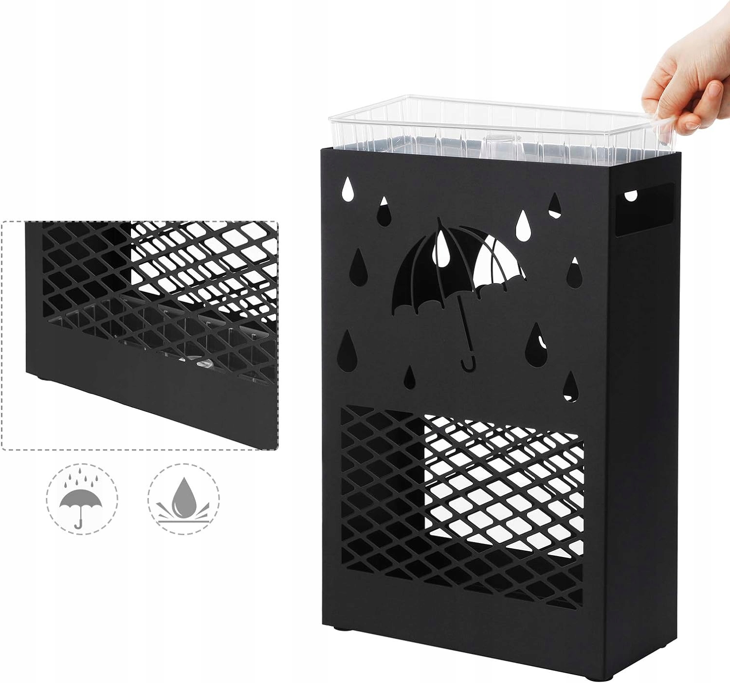 STOJAK NA PARASOLE PARASOLNIK OCIEKACZ 4 HACZYKI NÓŻKI OCHRONNE KORYTARZ Kolor czarny