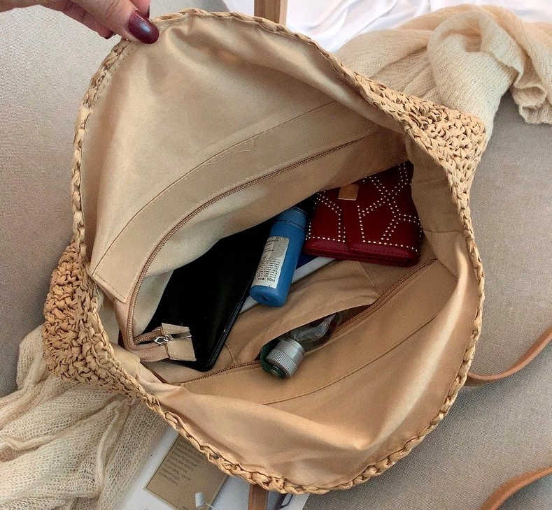 Damska okrągła Torebka Klasyczna torba słomiana A4 XL Lato plażę EKO SŁOMKA Kolor beżowy