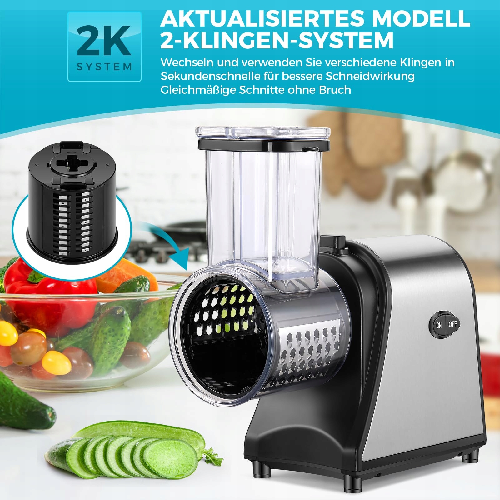 NICTEMAW Elektryczna Krajalnica Do Warzyw 250W 5 Ostrzy Duży Wlot — miniatura 2