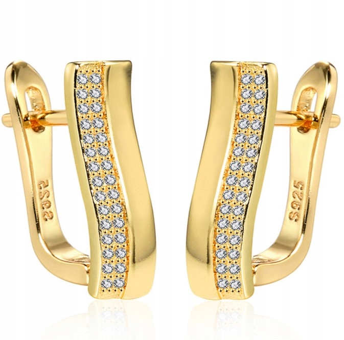 Srebrne kolczyki nowoczesna fala z cyrkoniami srebro pozłacane 925