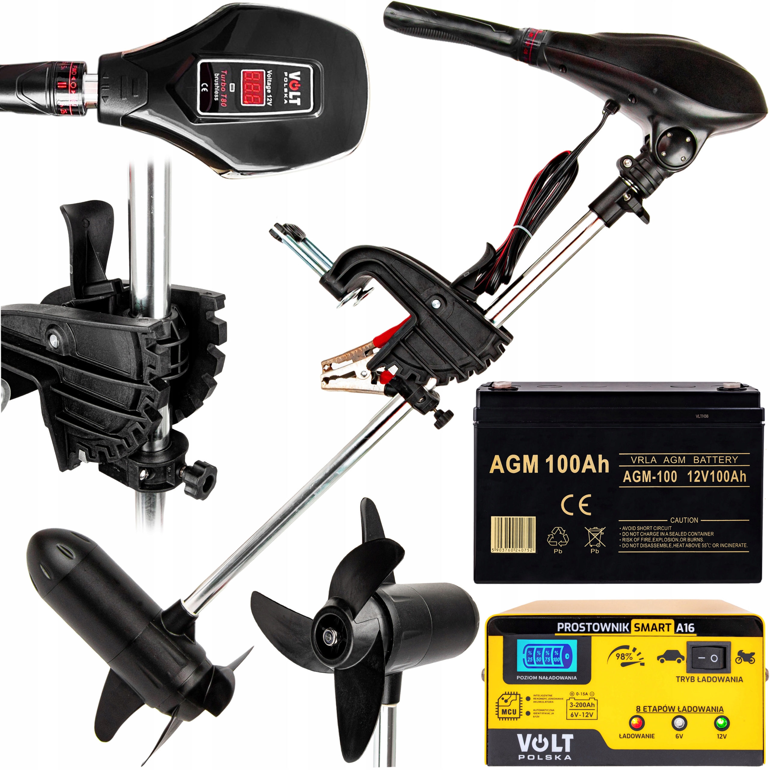 SILNIK ELEKTRYCZNY ZABURTOWY DO PONTONU ŁODZI 80lb AKUMULATOR PROSTOWNIK