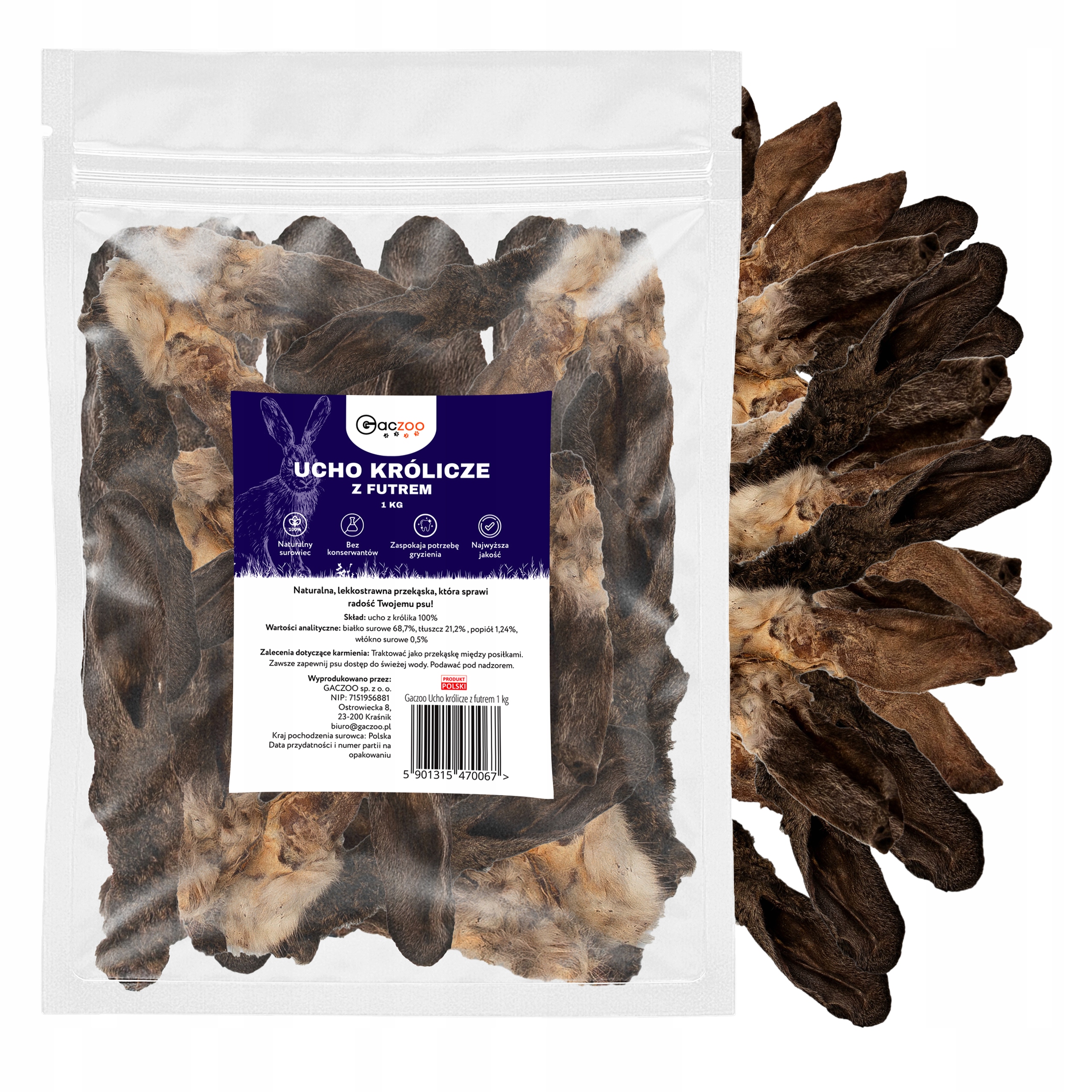 Psí pamlsek Králičí ucho s kožešinou černá 1 kg Gaczoo 100% kousátko