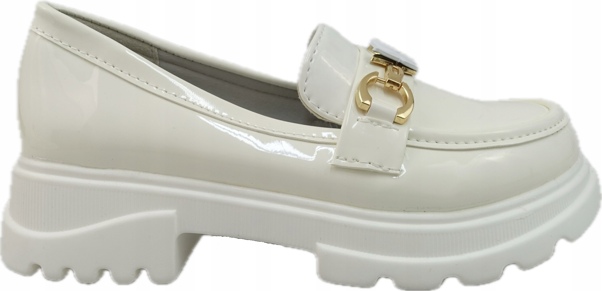 WSUWANE DZIEWCZĘCE LOAFERSY LAKIEROWANE MOKASYNY PÓŁBUTY białe Z KLAMRĄ 32