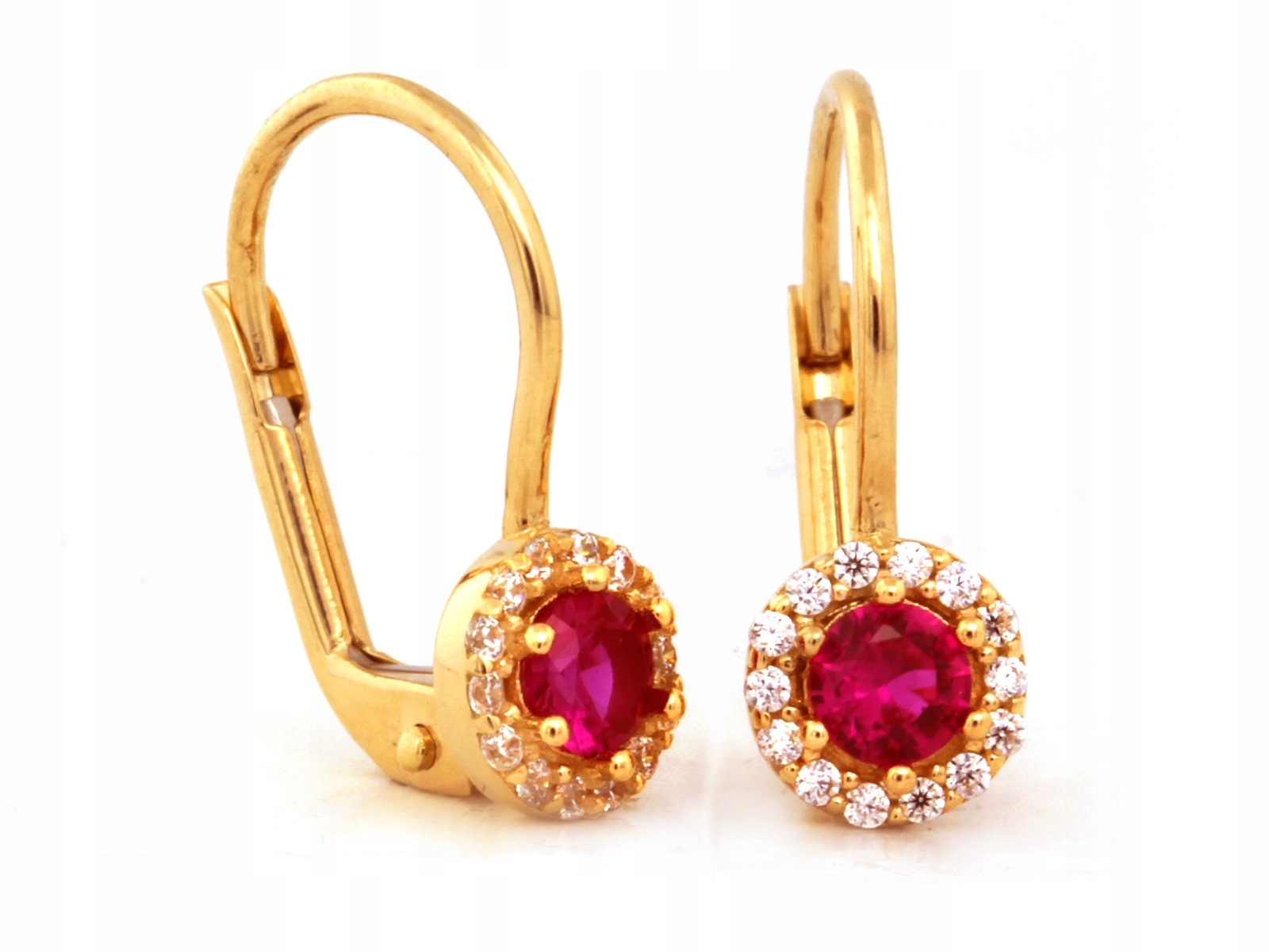 Zlaté náušnice pro dívku s bílými zirkony a červeným očkem