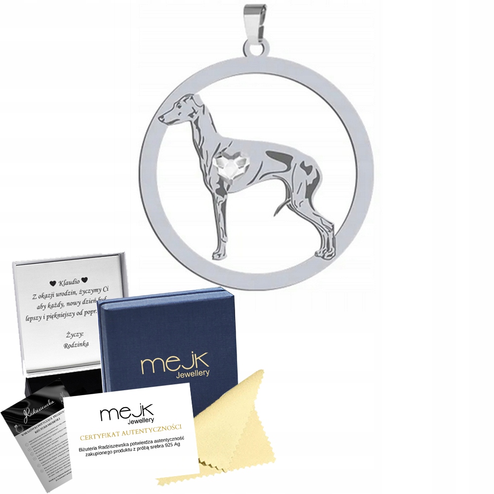 Stříbrný přívěsek s psem Italian Sighthound 925 Žena Dárek Gravírování