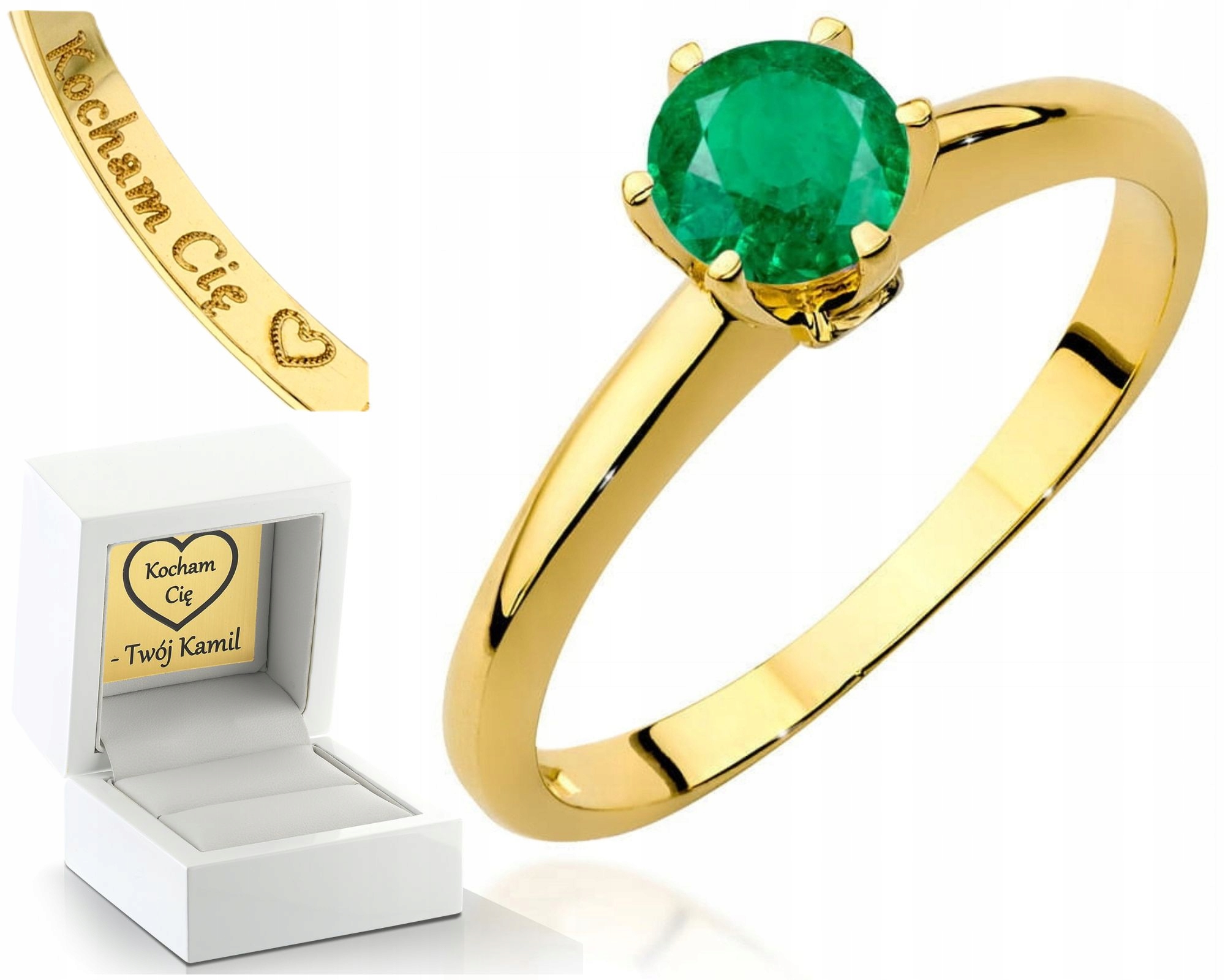 Zlatý Prstýnek Smaragd Žluté Zlato Gravírování 585 Dárek