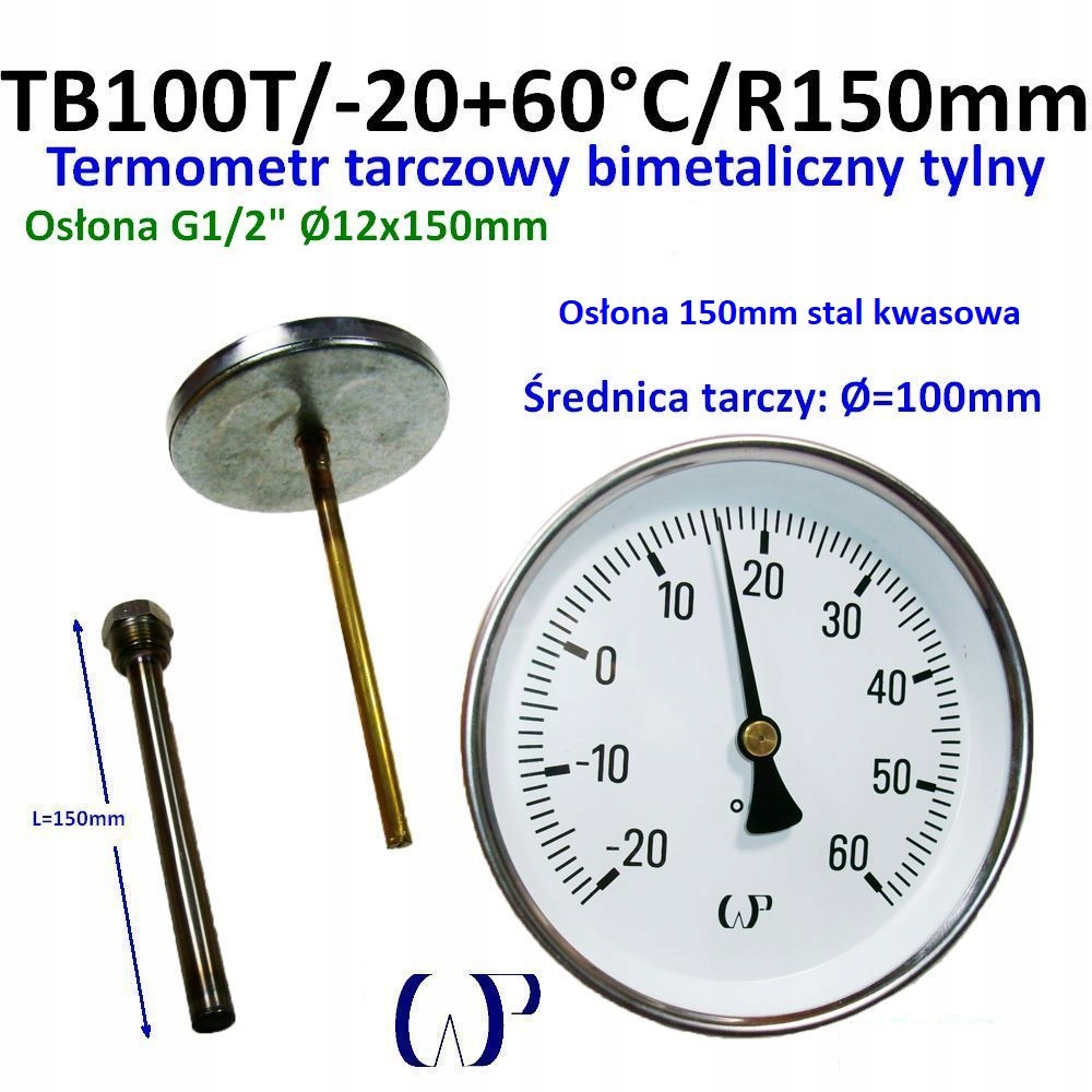 TB100T -20/+60°C R150 mm kyselá krytka G1/2" Bimetalový teploměr 100 mm