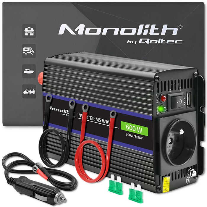 Qoltec Měnič Napětí napětí Monolith 600 Ms Wave 12 V na 230 V 300/600 W