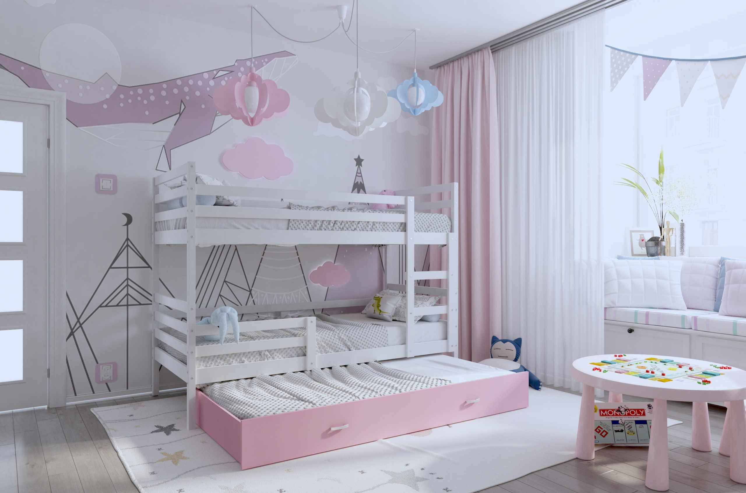 Łóżko piętrowe 200x90 białe szare JACEK 3 Marka AJKmeble