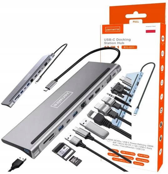 Hub Adaptér Usb-c 12V1 Dokovací Stanice 2X Hdmi 4K RJ45 Usb 3.0 Pro Notebook