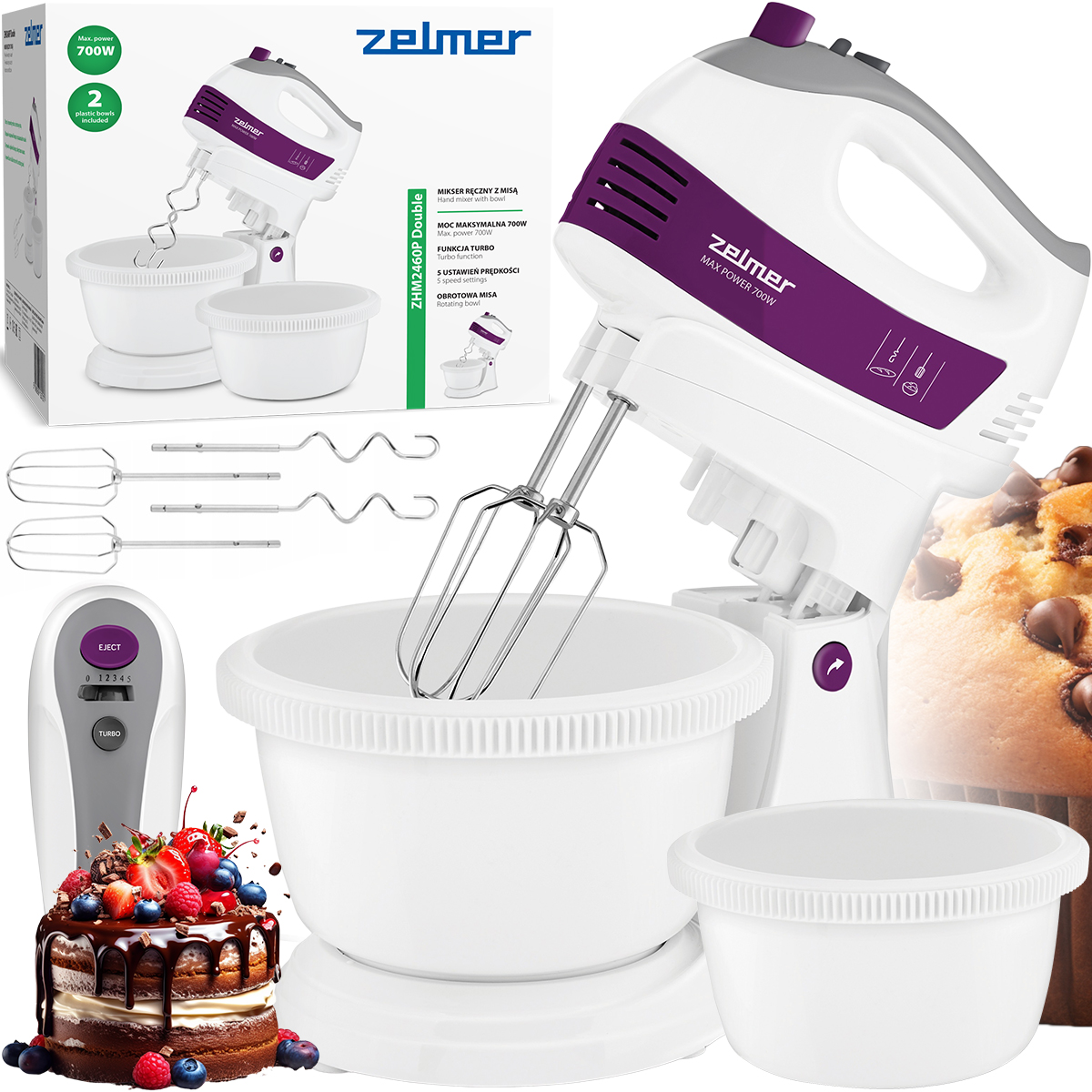 Mikser Ręczny Zelmer Lekki Robot Kuchenny 2 Misy 2,5L 4 Końcówki Turbo 700W