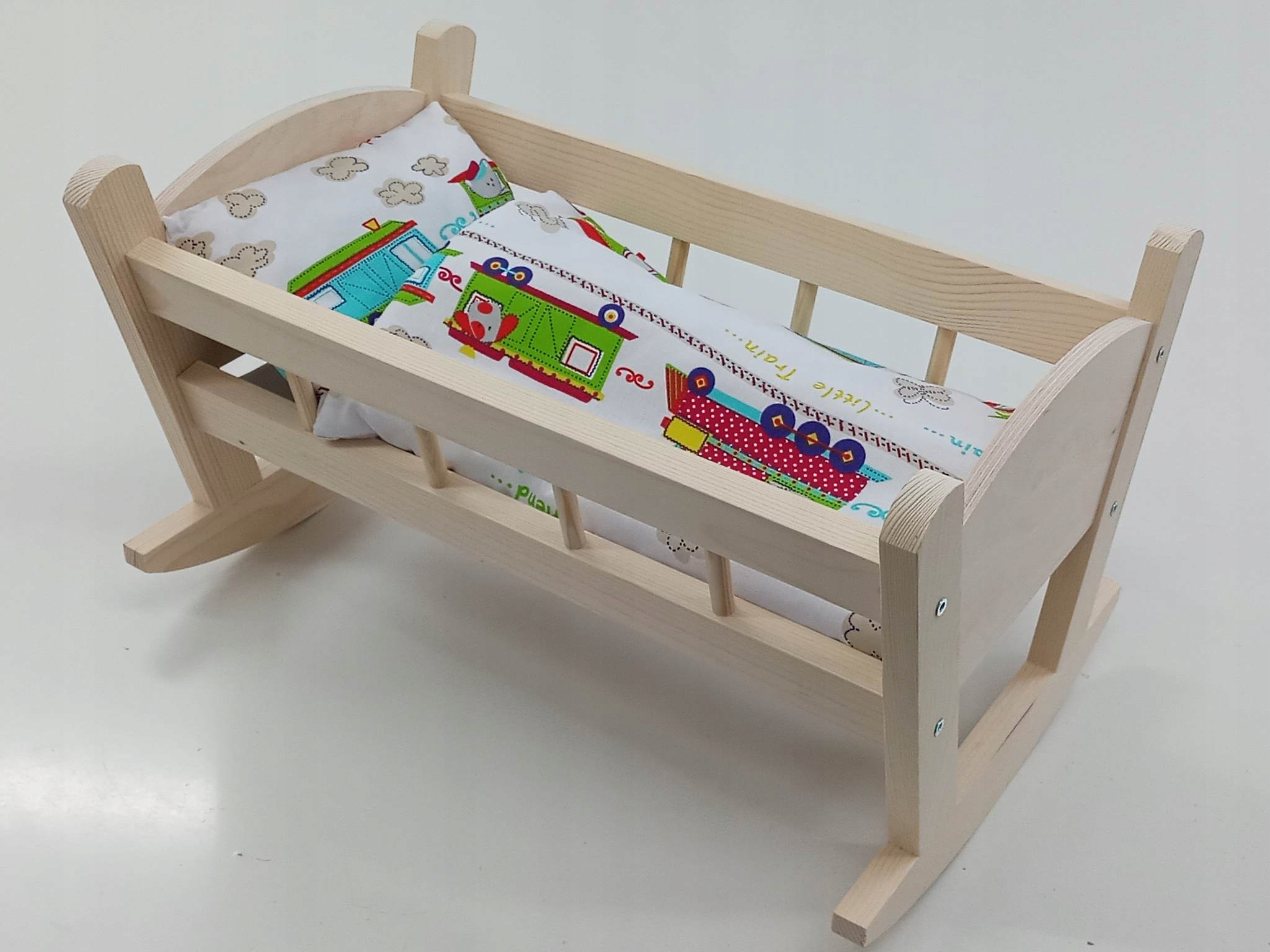 KOŁYSKA DREWNIANA dla lalek NIEMALOWANA + POŚCIEL